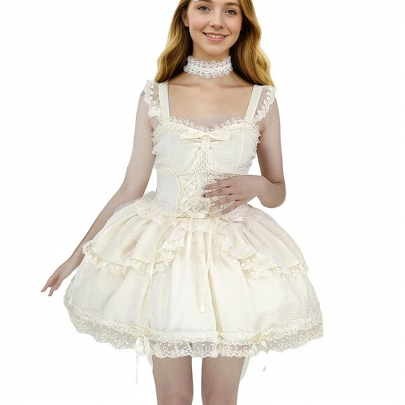 Himifashion Dresses & Skirts - Sweet Lolita Lace Sleeveless Short Dress with Bow Ruffles Kawaii Gothic Princess